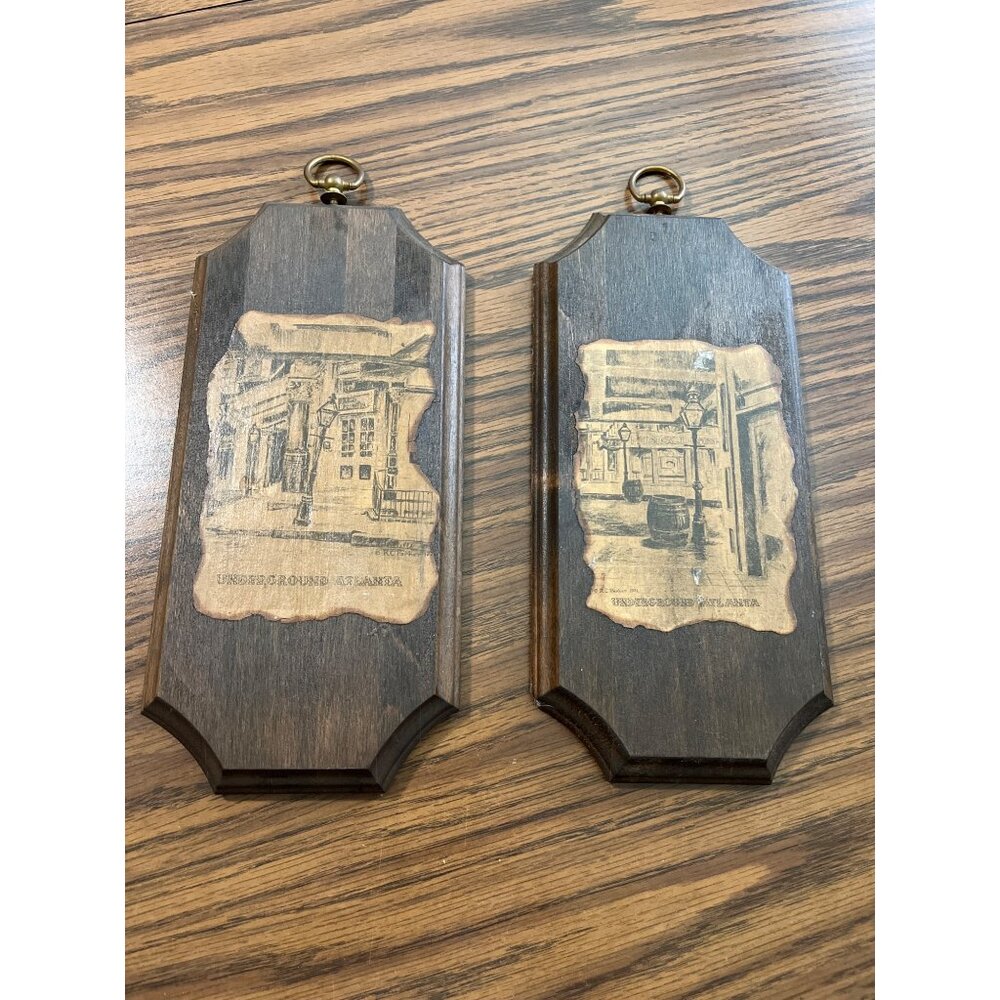 Wooden plaques depicting Underground Atlanta vintage set of two